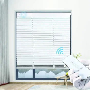 Remote-controlled motorized blinds in soft grey tone, Abu Dhabi skyline view