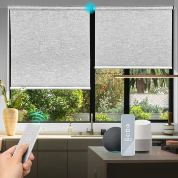 Wireless sand-tone blinds with app control in Abu Dhabi villa