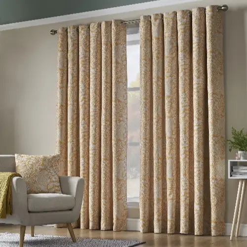 Ochre Floral Patterned Eyelet Curtains